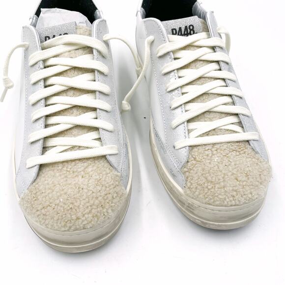 P448 John Lama Sneaker White Silver Lace Up Low Top Leather Sz 41 / 10.5 - Picture 6 of 12